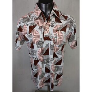 Mens True Vintage 60s 70s Disco Shirt Button Up Silver Fox Brown‎ Geometric M